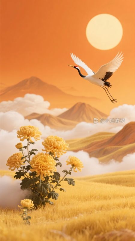 飞鹤伴日下的田园美景