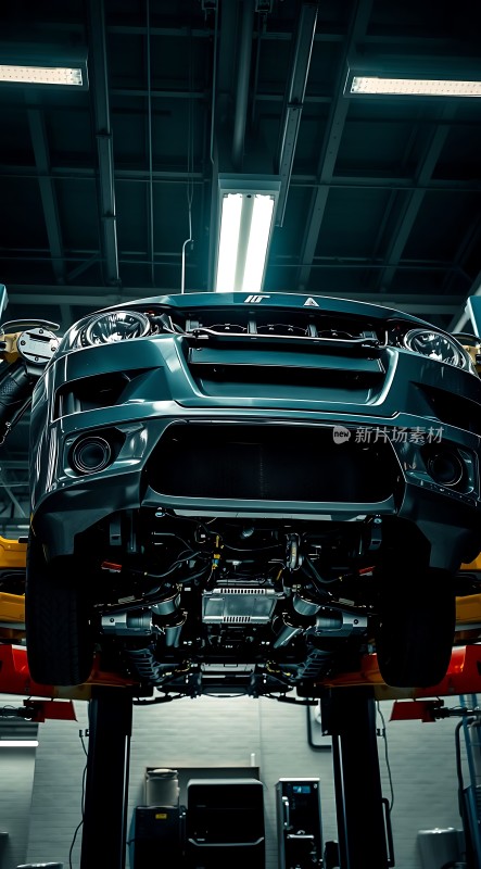 车间内一辆被吊起的汽车