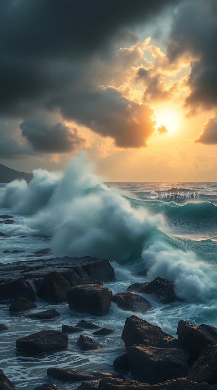 日落时分的海浪与岩石