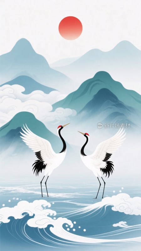 双鹤于山水间伴红日图