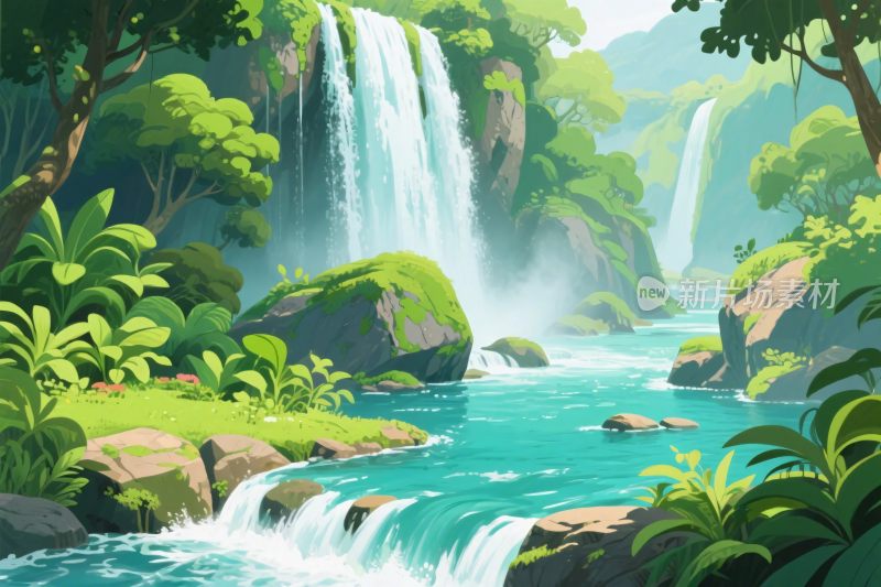 森林瀑布风景插画