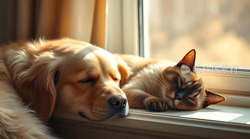 阳光下的狗狗和猫咪温馨依偎