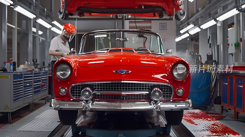 经典红色轿车车间内展示