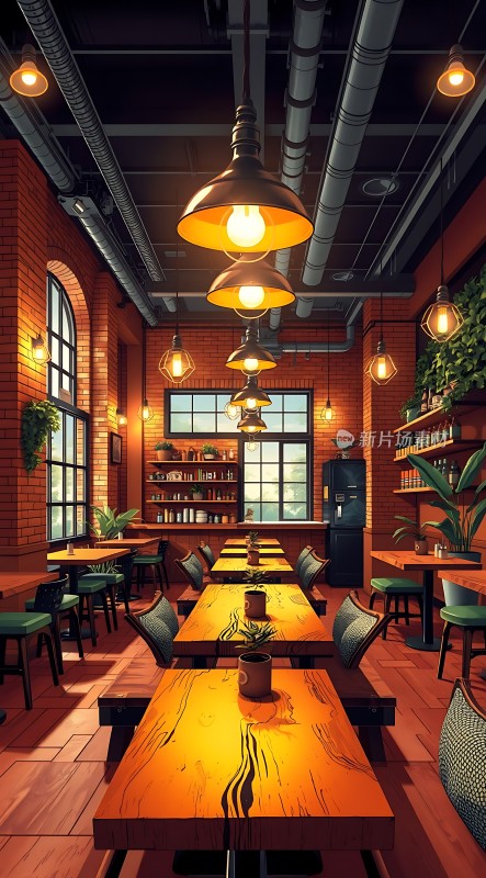 工业风咖啡馆砖墙绿植木桌吊灯