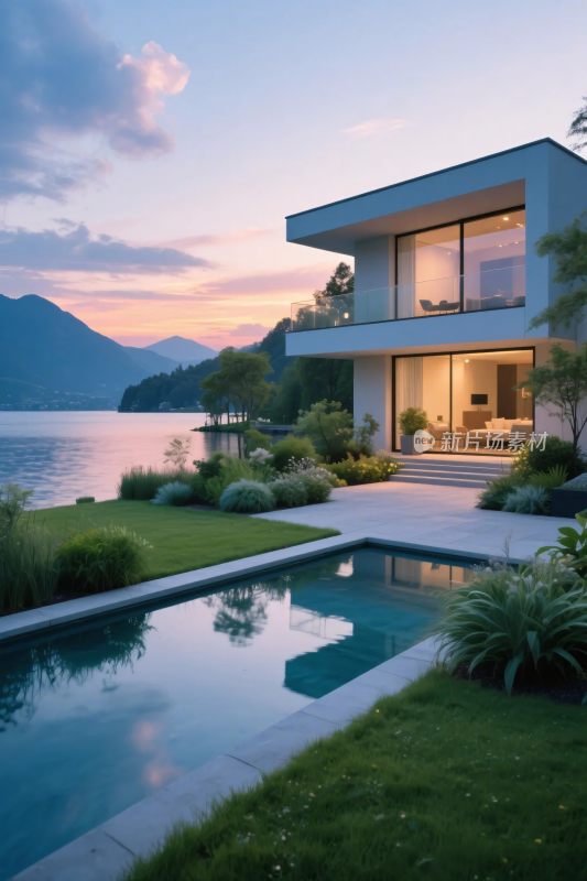 现代别墅湖景效果图