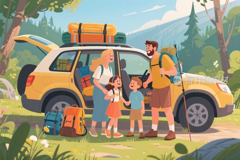 家庭自驾出游插画