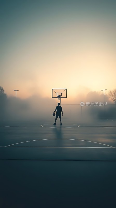 晨雾篮球场上的孤独身影