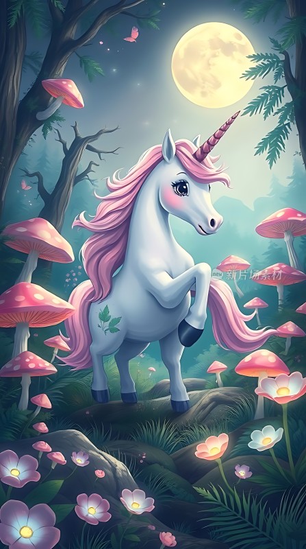 粉发独角兽在梦幻森林中
