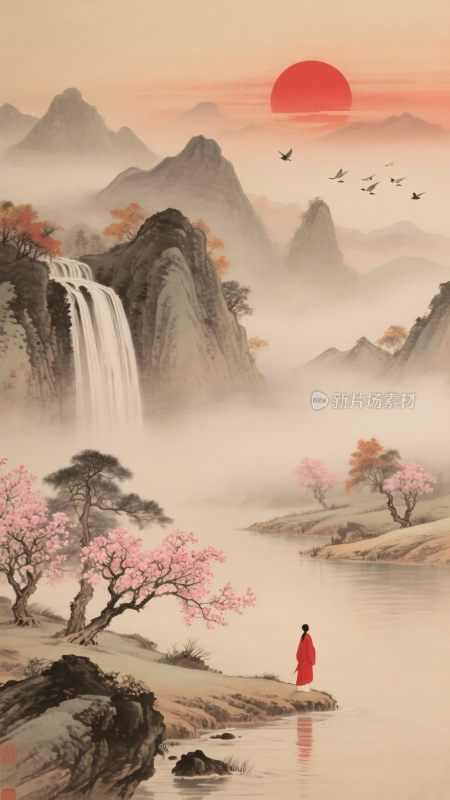 中式山水意境人物风景图