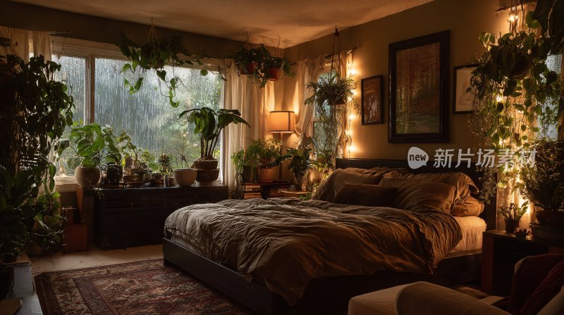 充满绿植的温馨卧室场景