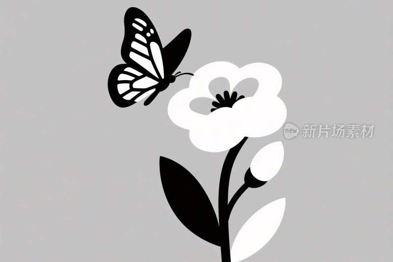 黑白插画蝴蝶与花