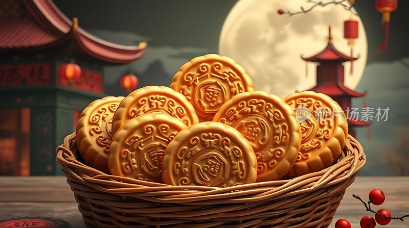 中秋佳节月饼飘香满月映照传统建筑