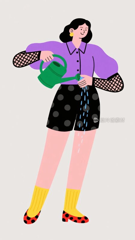 女孩手持喷壶浇水插画