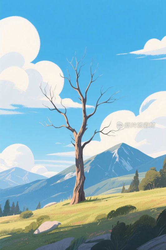 卡通孤树风景插画