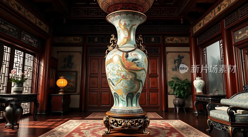 古风大堂精美瓷器与古典家具相映成趣