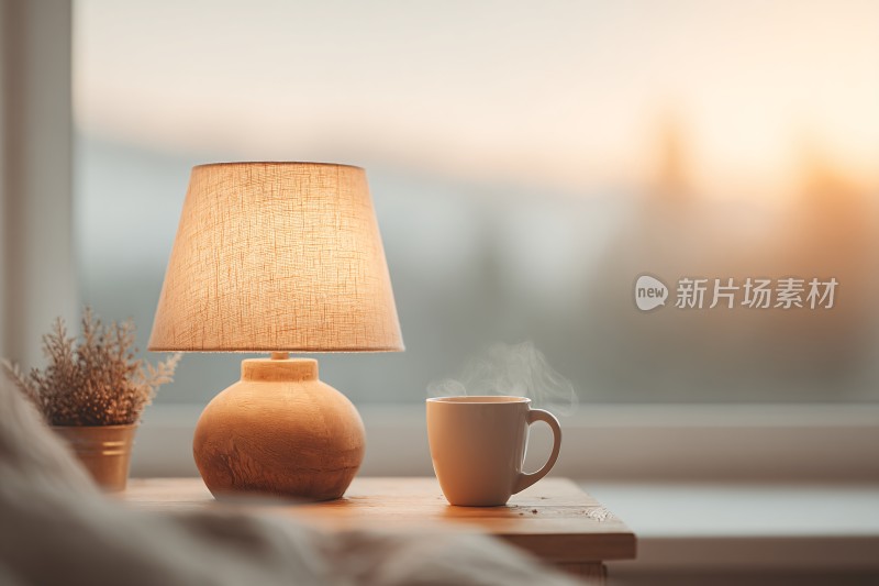 窗边台灯与咖啡杯温馨画面