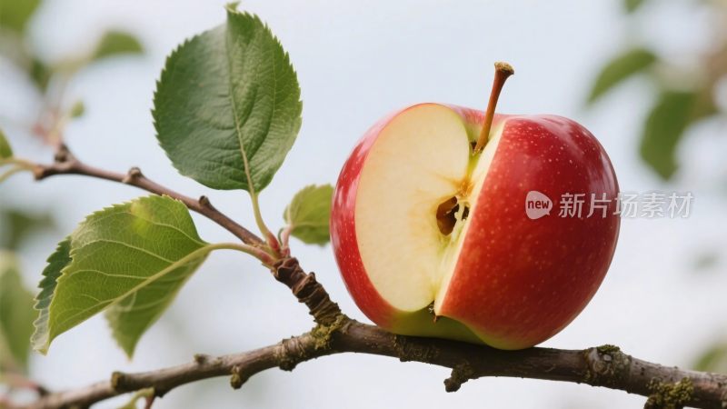 切开的红苹果与绿叶枝桠