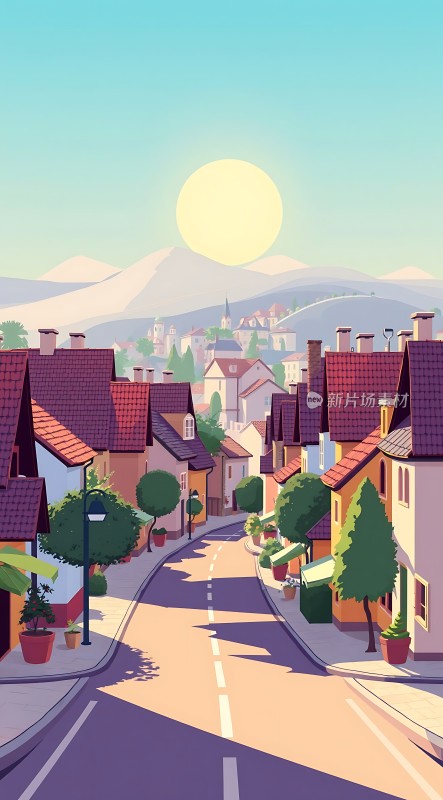 小镇晨曦阳光洒满街道