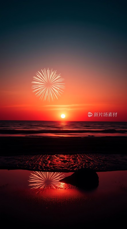 日落烟花映红海面