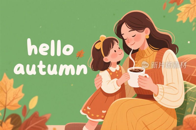 母女秋日温馨插画