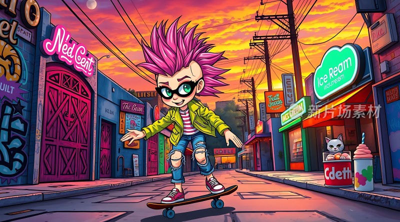 滑板少年街头滑行