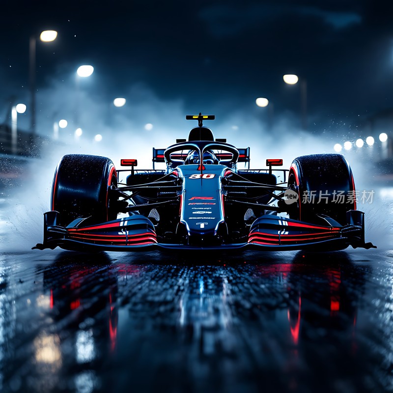 雨夜赛道上的红色赛车