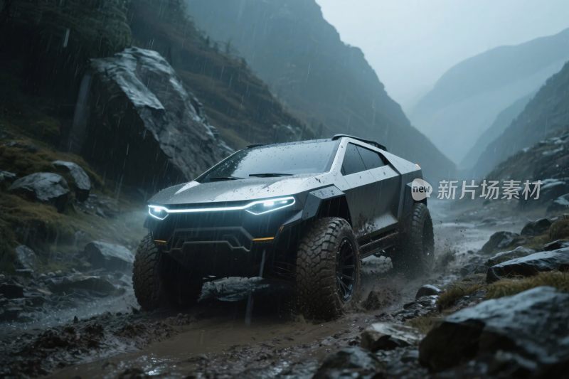 越野汽车行驶在山间泥泞路