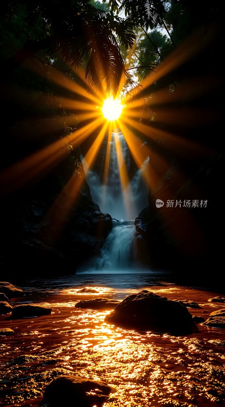 阳光下的瀑布与溪流