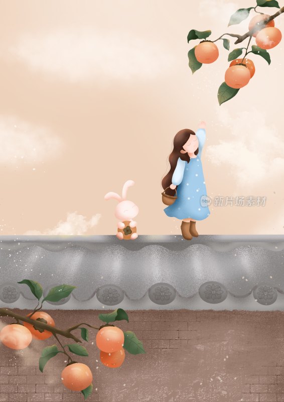 霜降节气女孩和兔子屋顶采摘柿子