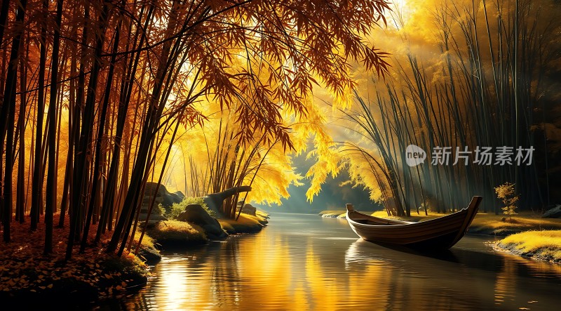 秋日竹影映小船