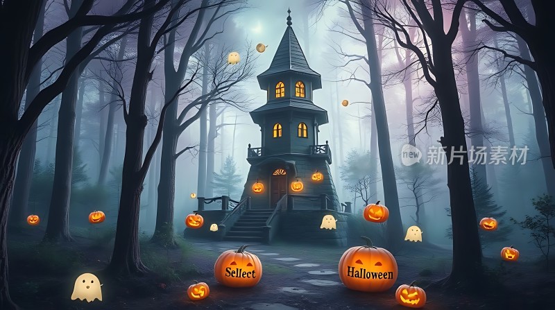 万圣节之夜幽灵南瓜与神秘小屋