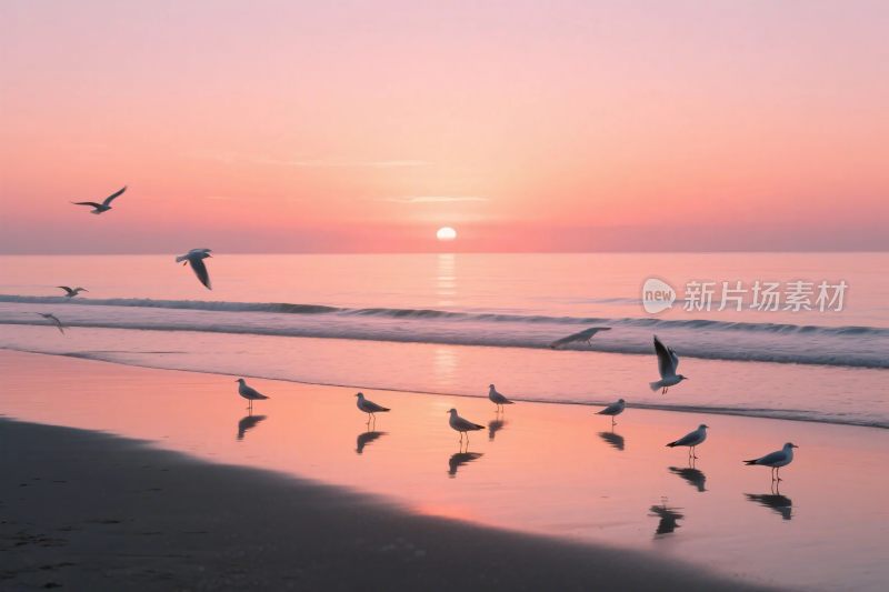 海滩夕阳海鸥风景