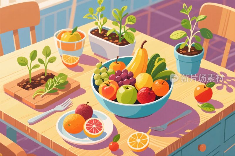桌面果蔬盆栽插画