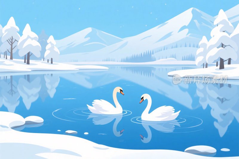 雪景湖面天鹅