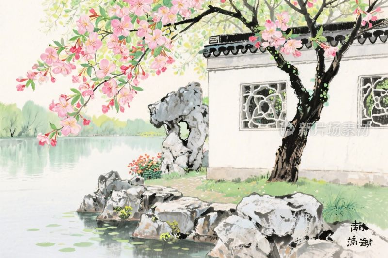 古建水景花树插画