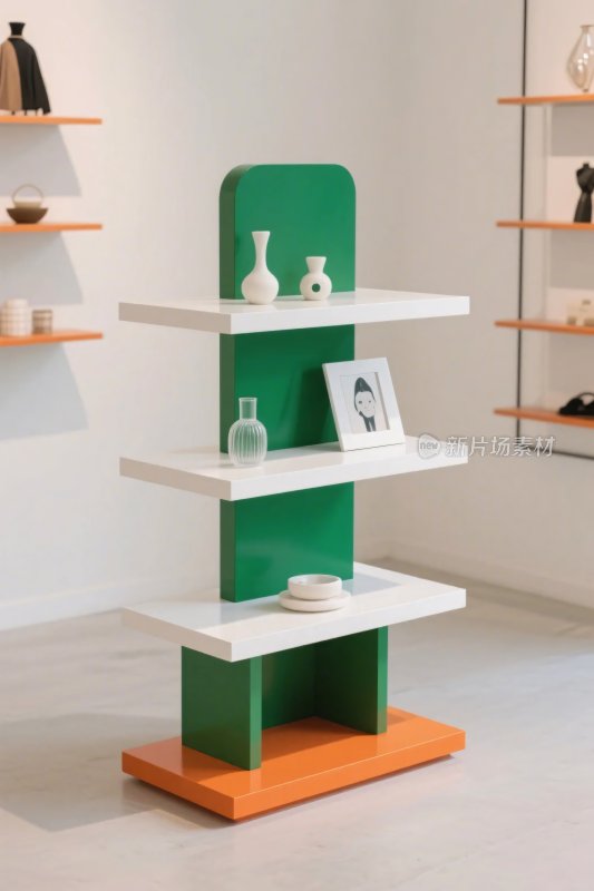 三色立体展示架与装饰摆件