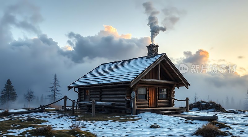 雪地小木屋炊烟袅袅宁静而温馨