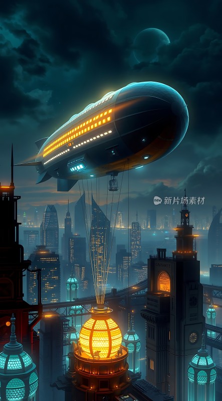 未来之城夜空下的飞行巨舰