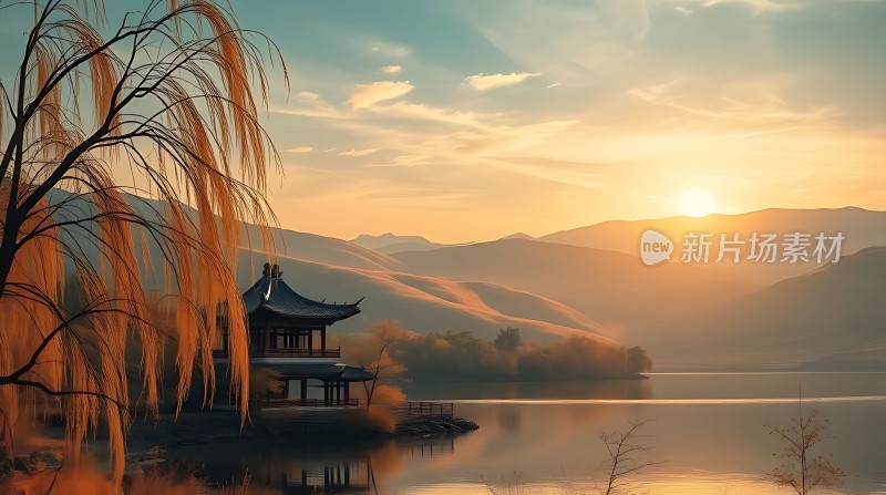 湖畔古亭映夕阳