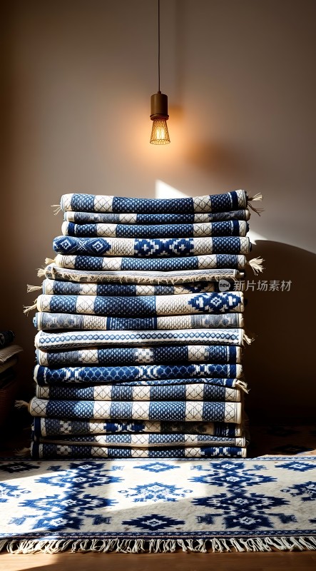 蓝白相间地毯堆叠灯光映照下的温馨角落