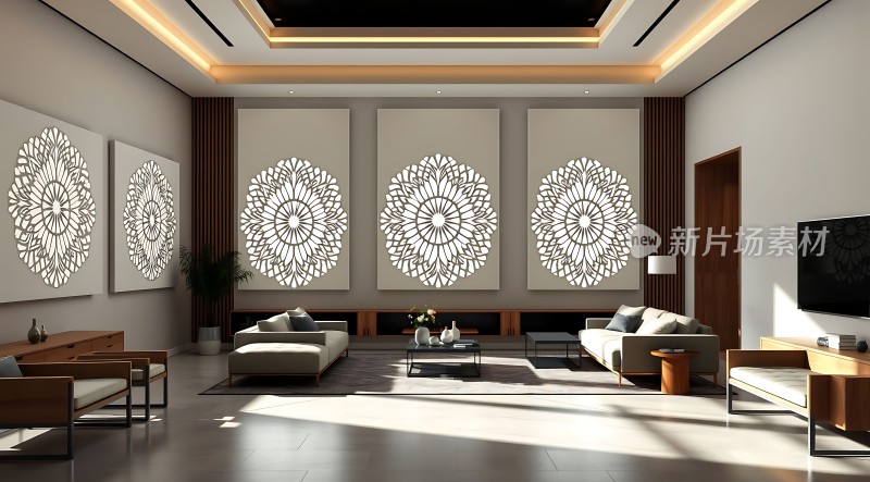 现代客厅设计简约风格艺术装饰画舒适沙发布局