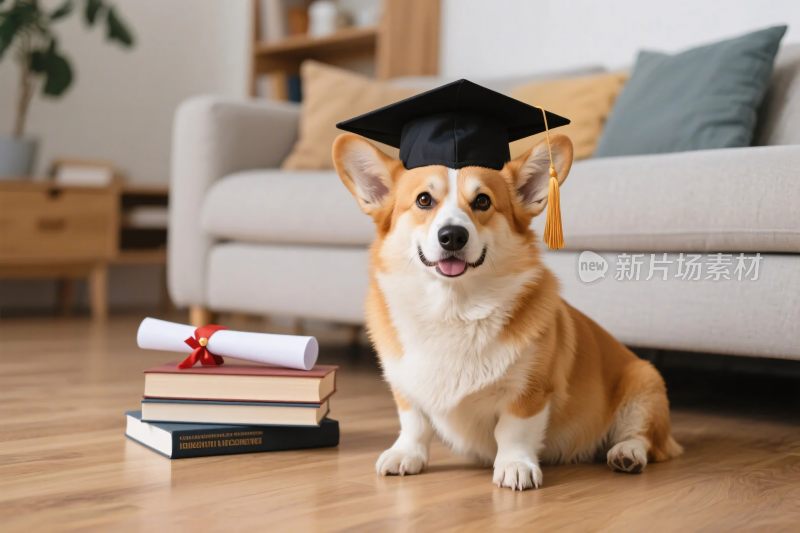 戴学士帽的柯基小狗