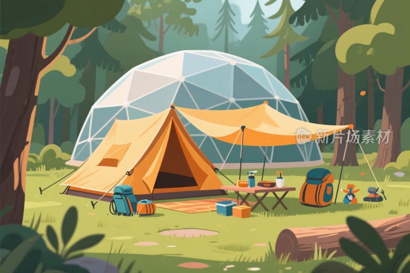 森林中的露营帐篷插画