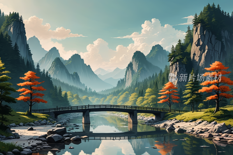 一座河上的桥一座高山清风景插画图片