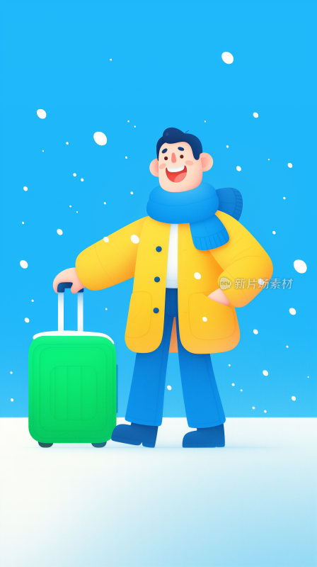 一个可爱的男人拉着行李在雪地里行走