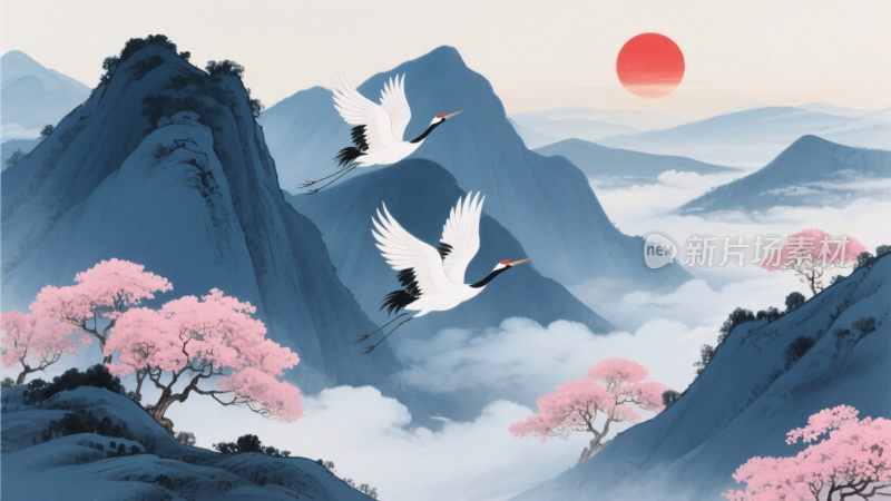 山水间双鹤伴红日图景