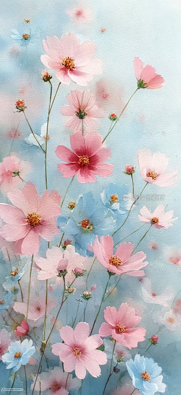 梦幻唯美的粉色蓝色花朵插画