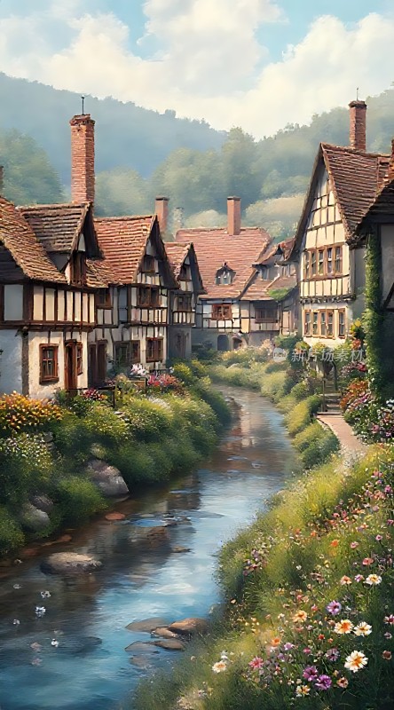 田园小溪旁的宁静村庄