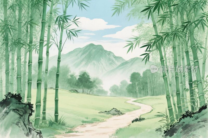 竹林山水风景插画