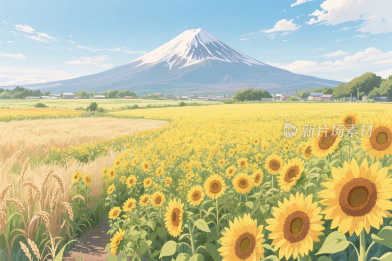 田园向日葵与富士山风景
